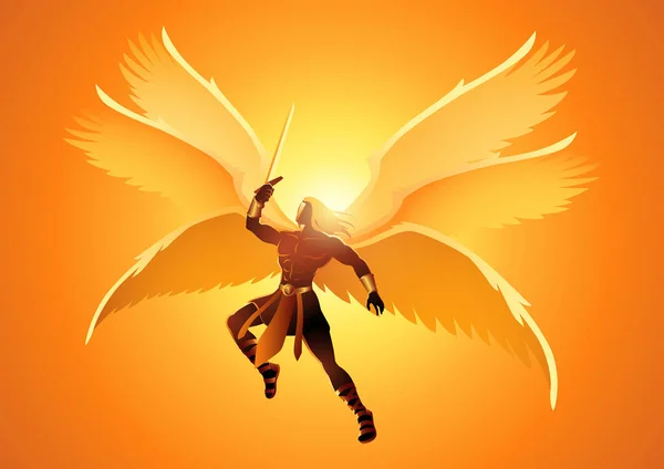 带着六只翅膀拿着剑的大天使迈克尔的幻想艺术图解 — 图库矢量图片