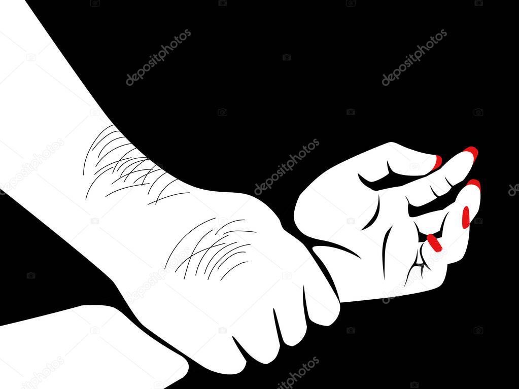 Line art illustration of a hairy man's hand holding a woman hand, having sex, rape concept