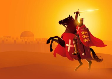 Vector illustration of King Richard the Lionheart holding a sword and shield on horseback vector