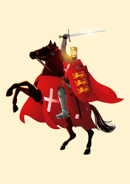 Vector Illustration King Richard Lionheart Holding Sword Shield Horseback — Vettoriale Stock