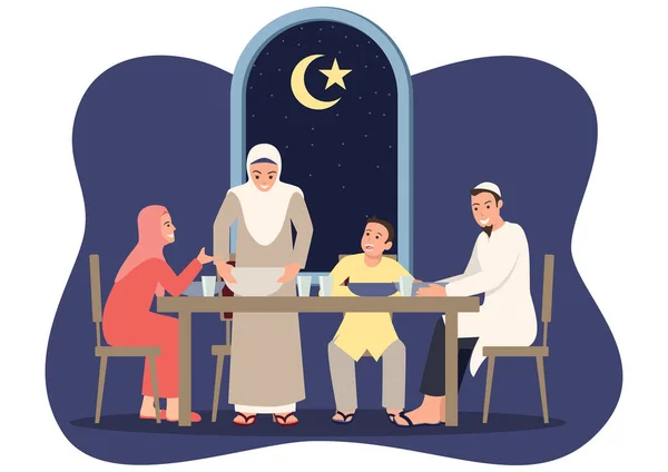 Simple Flat Vector Illustration Suhoor Iftar Family Ramadan Month Happy — Stok Vektör