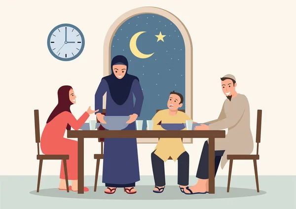 Simple Flat Vector Illustration Suhoor Iftar Family Ramadan Month Happy — ストックベクタ