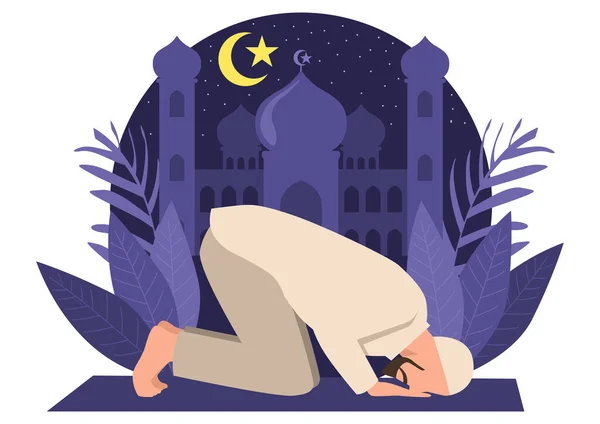 Простая Плоская Векторная Иллюстрация Мусульманского Человека Молящегося Ислам Рамадан Тематический — стоковый вектор