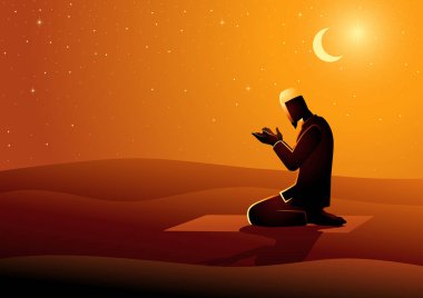 Müslüman adamın çölde, Ramazan 'da, İslami tema ve arka planda dua edişinin vektör çizimi