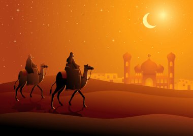 Çölde deveye binen iki Arap adamın vektör çizimi, Ramazan ve İslam temalı gece manzarası