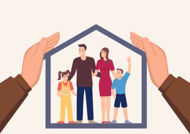 İçinde mutlu bir aile, sigorta ve sağlık sigortası olan bir evi kaplayan büyük ellerin basit düz vektör çizimi