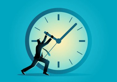 Business concept vector illustration of businessman trying to stop time on giant clock clipart