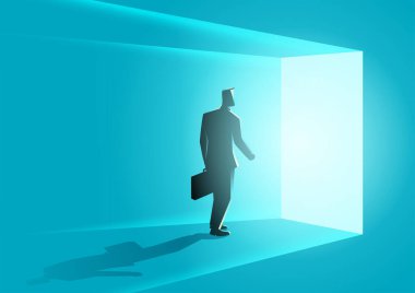 İş konsepti illüstrasyonunda bir iş adamının parlak kapıdan içeri girmesi, fırsat konsepti