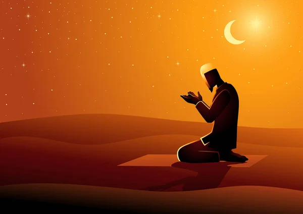 Ilustração Vetorial Homem Muçulmano Orando Deserto Ramadã Tema Islâmico Fundo —  Vetores de Stock