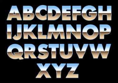 Metalik parlak yazı tipleri, krom yazı tipleri, sanayi için alfabe harfleri, vektör illüstrasyonu