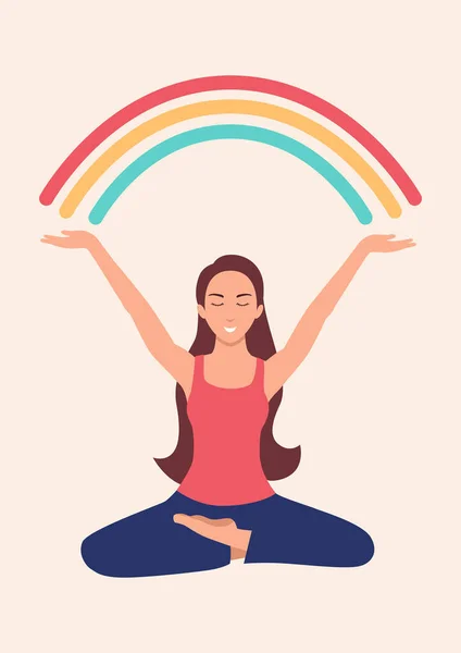ヨガのポーズをする女性のシンプルなフラットベクトルイラスト 虹に彼女の腕を上げる 肯定的な感情 健康的なライフスタイルの概念 — ストックベクタ