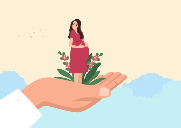 Ilustración Simple Vector Plano Mano Gigante Sosteniendo Una Mujer Embarazada — Vector de stock
