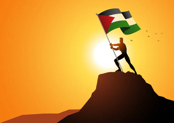 Силуэт Фигуры Человека Держащего Флаг Палестины Вершине Горы Векторная Иллюстрация — стоковый вектор