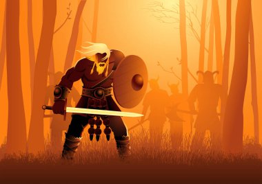 Ormanda gizlenen Viking savaşçılarının vektör çizimi