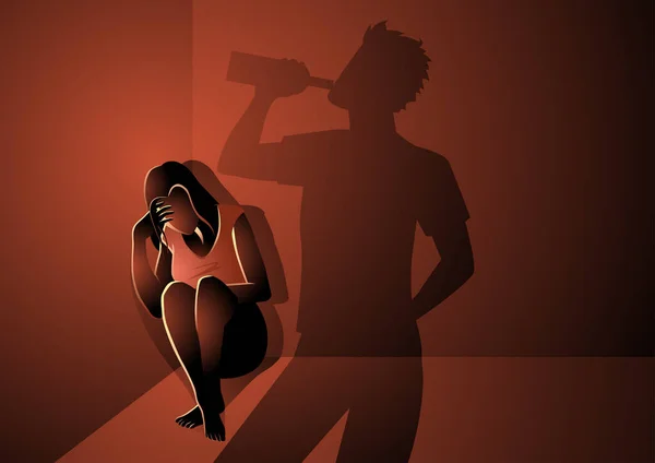 Vector Illustration Woman Wailing Sadly Corner Shadow Man Drinking Alcohol — 图库矢量图片