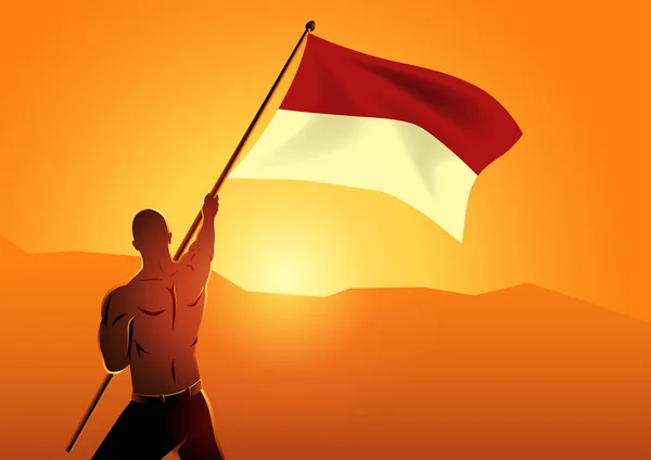 Vektor Ilustrasi Seorang Pria Berotot Memegang Bendera Indonesia Hari Kemerdekaan - Stok Vektor