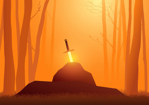 Векторная иллюстрация меча в камне, Экскалибур, знаменитый меч короля Артура. Понятие достоинства и честности