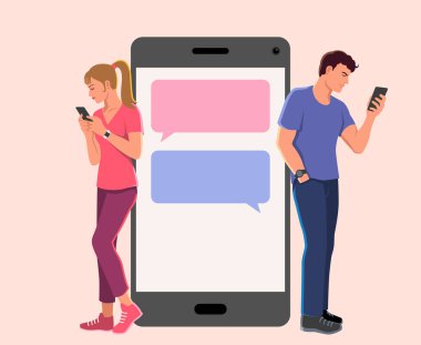 Kadın ve erkeğin cep telefonlarını kullanarak sohbet ve mesajlaşmalarının basit düz vektör çizimi