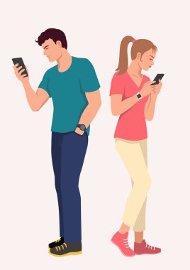 Kadın ve erkeğin cep telefonlarını kullanarak sohbet ve mesajlaşmalarının basit düz vektör çizimi