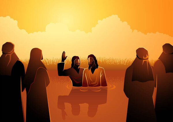 Biblical vector illustration series, Jesus baptised by John the Baptist while crowd of people watching them