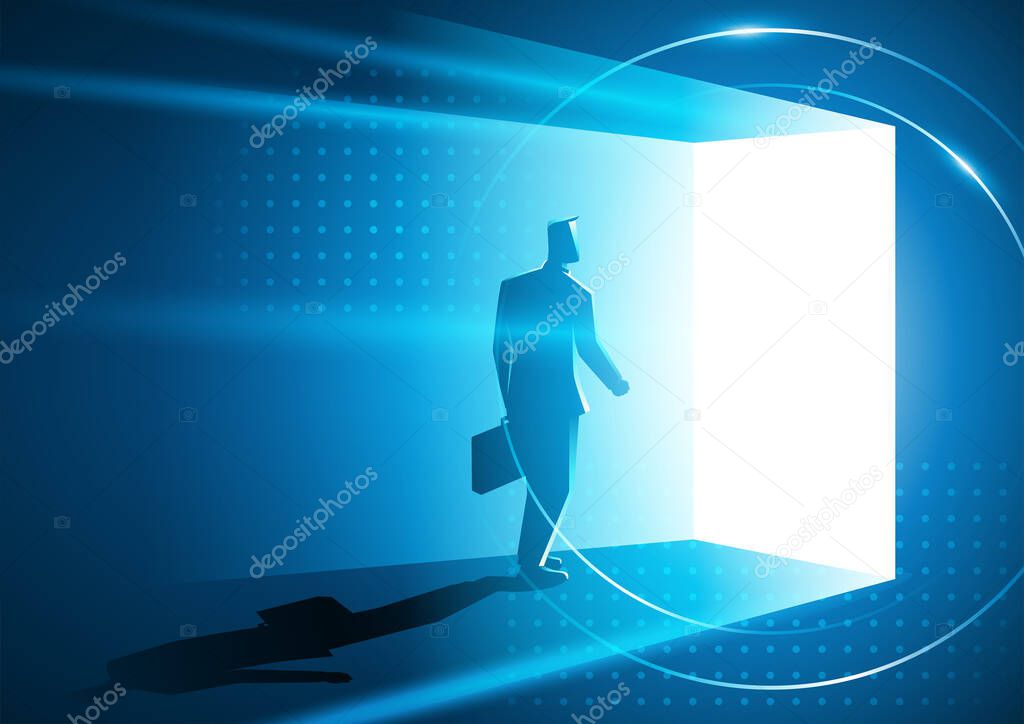 Futuristic business illustration of a businessman walking into a bright door