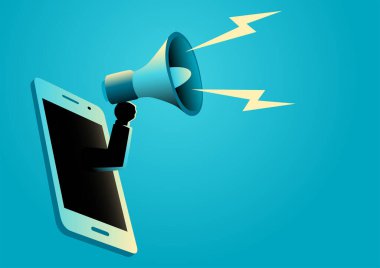 Akıllı telefondan gelen megafonu tutan bir elin iş konsepti çizimi. Dijital pazarlama, duyuru, reklam kavramı
