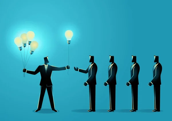 電球の風船を象徴する別のビジネスマンに知識を共有するビジネスマンのビジネス概念図 — ストックベクタ