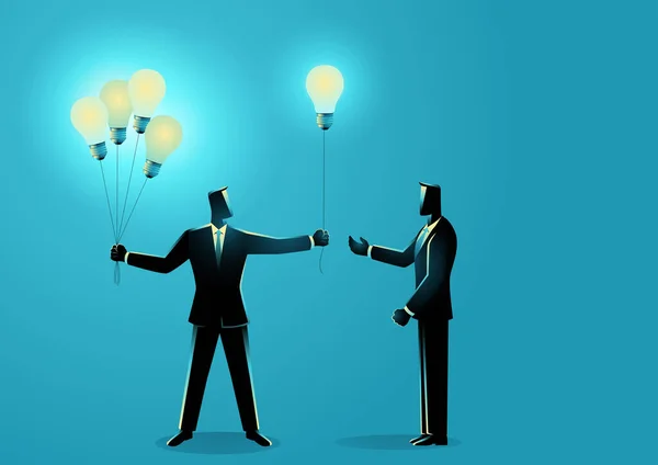 電球の風船で象徴する別のビジネスマンに知識を共有するビジネスマンのビジネスの概念図 — ストックベクタ
