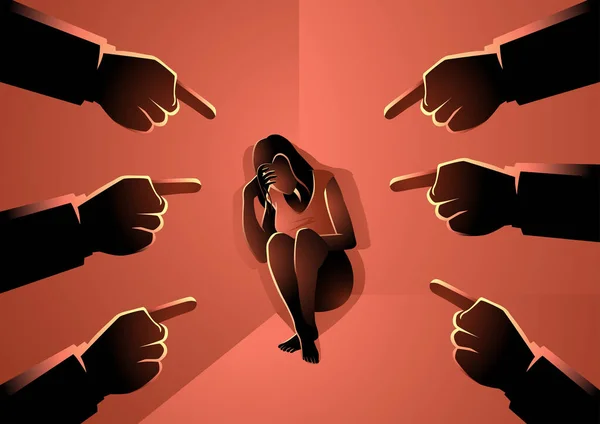 Vector Illustration Sad Depressed Woman Sitting Cornered Surrounded Pointing Hands — Stock Vector