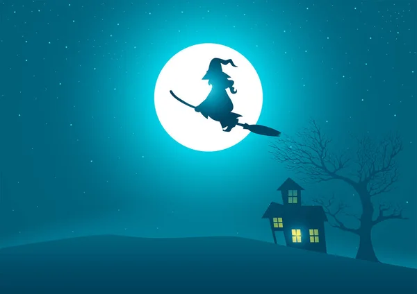 Witch Riding Broomstick Flying Scary House Tree Full Moon Background — Stock Vector