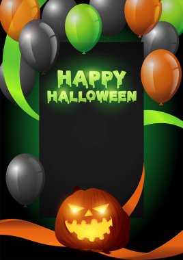 Dekorasyon olarak kurdele ve balonlu Mutlu Cadılar Bayramı metinleri, beyaz metin için kopya alanı ile vektör illüstrasyonları