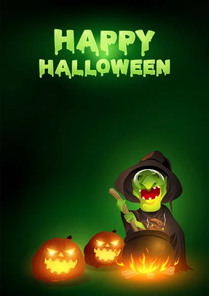 Régi Boszorkány Keverő Bájital Üstben Vektor Illusztráció Halloween Téma — Stock Vector