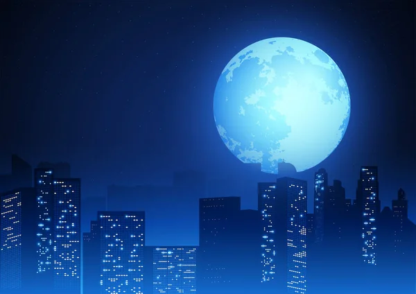 Красивая Полная Луна Городской Пейзаж Векторная Иллюстрация Городского Ландшафта — стоковый вектор