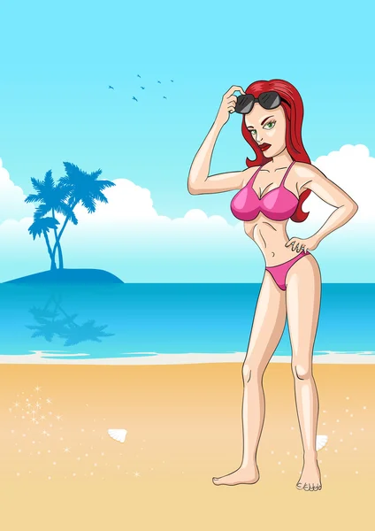 Sexy chica en bikini en verano playa — Vector de stock