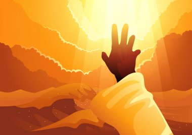 İsa 'nın elini simgeleyen vektör illüstrasyonu gökyüzüne uzanır, fırtınayı ilahi güçle sakinleştirir..