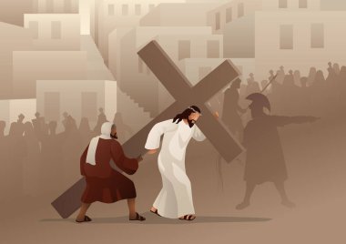 İncil'deki vektör çizim serisi. Yol çapraz veya istasyonları haç beşinci istasyonu, Simon Cyrene yardımcı olur onun haç taşıyan İsa.