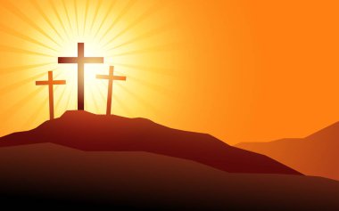 Three crosses on calvary hill with sun rays, crucifixion of Jesus Christ, christian easter, faith, Good Friday illustration