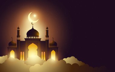 Elegant Islamic Ramadan and Eid Background. Glowing mosque at night with crescent moon, stars, and clouds. Symbol of Ramadan, Eid al-Fitr, Eid al-Adha, and large copy space