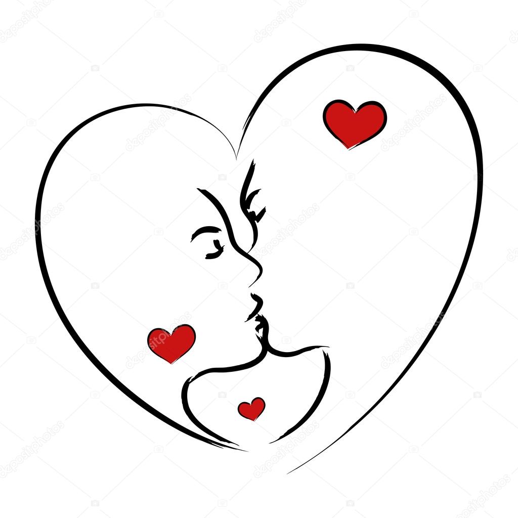 Line art illustration of a man and woman kissing in heart shape symbol