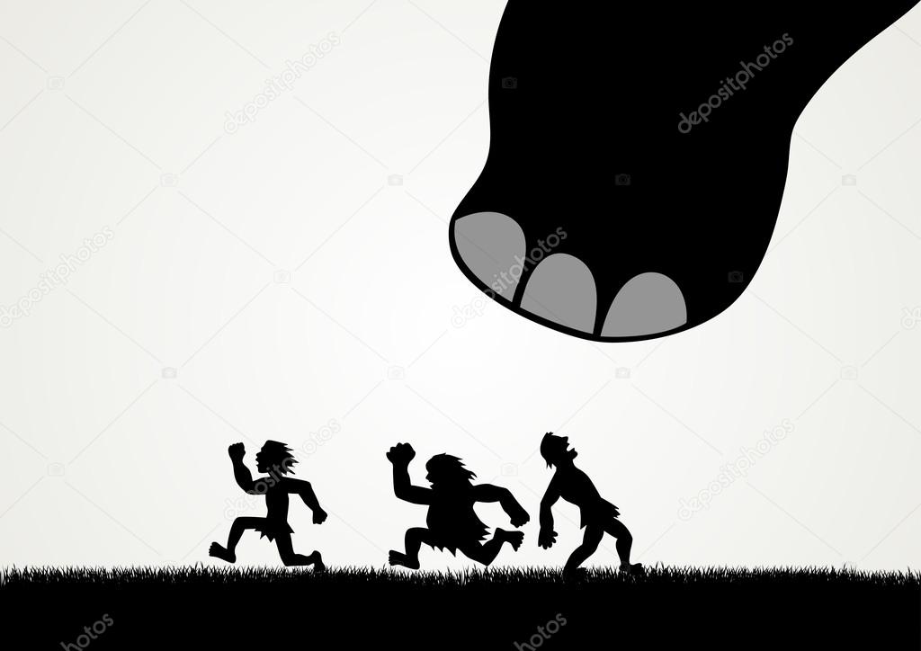 Funny cartoon of men fleeing panic from a giant dinosaur step