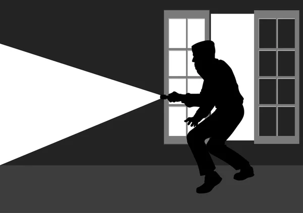 Silueta ilustración de un ladrón irrumpiendo en la casa — Vector de stock