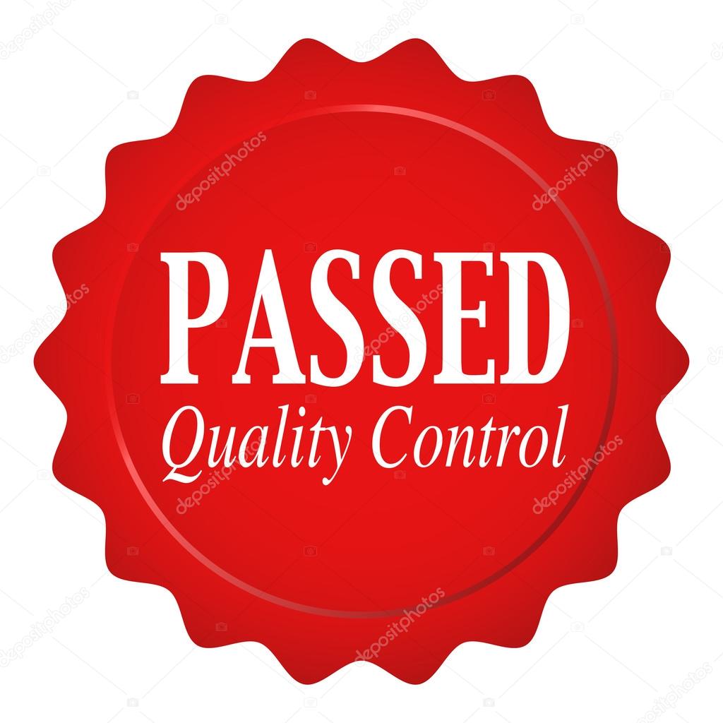 Graphic illustration of red wax seal with passed quality control text isolated on white background