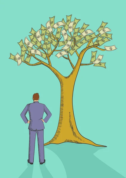 Карикатура на человека, смотрящего на денежное дерево — стоковый вектор