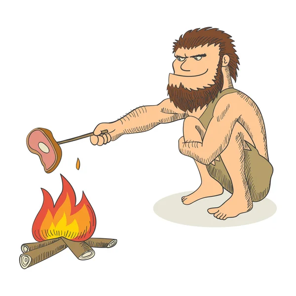 Desenhos animados ilustração de um homem das cavernas cozinhar carne em chamas —  Vetores de Stock