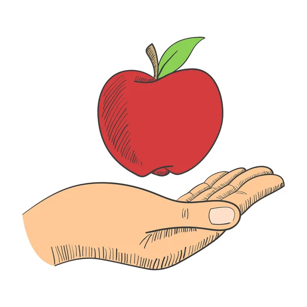 Ilustración de una mano con una manzana — Vector de stock