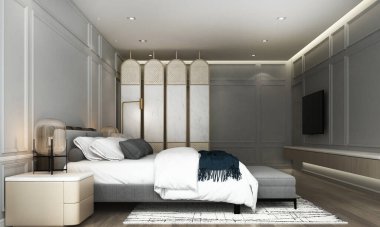 Yatak odası iç tasarımı ve duvar dokusu arka planının modern konforlu mobilyaları. 