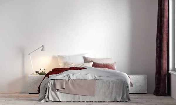 モダンな居心地の良いモックアップとベッドルームのインテリアデザインと白い壁のテクスチャの背景の装飾家具 — ストック写真