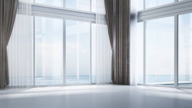 Boş oturma odası alanı ve mobilyaların iç tasarımı ve beton duvar dokusu arka planı ve deniz manzarası.