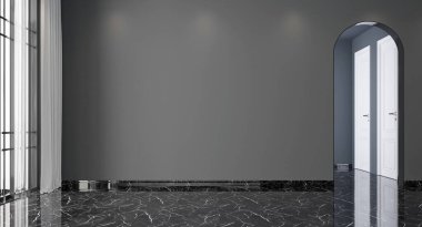 Modern ev ve boş oturma odası ve mobilyaların iç tasarımı ve siyah duvar dokusu arka planı.