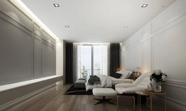 Modern Yatak Odası Mobilya Tasarımı Beyaz Duvar Dokusu Arka Planı — Stok fotoğraf